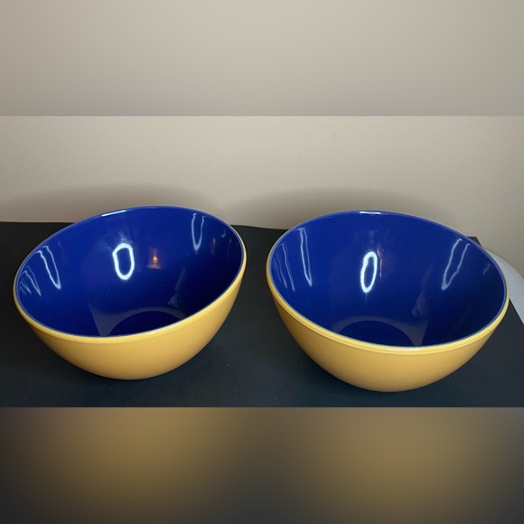 PV Multicolor Soup Cereal Pasta Bowls Set Of 2 Italy Pottery Yellow Navy - Picture 1 of 3